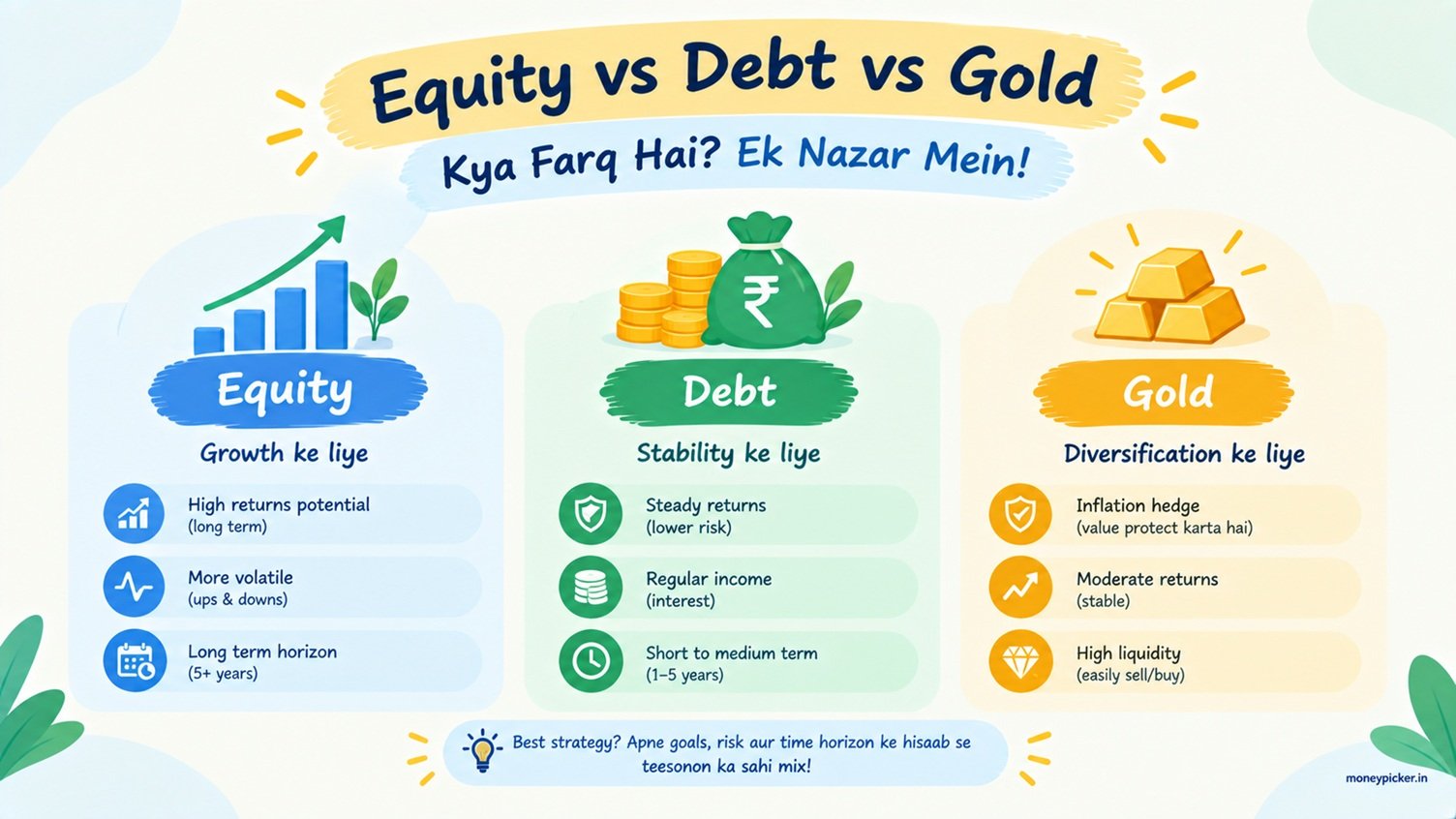 Equity vs debt vs gold comparison infographic in Hinglish