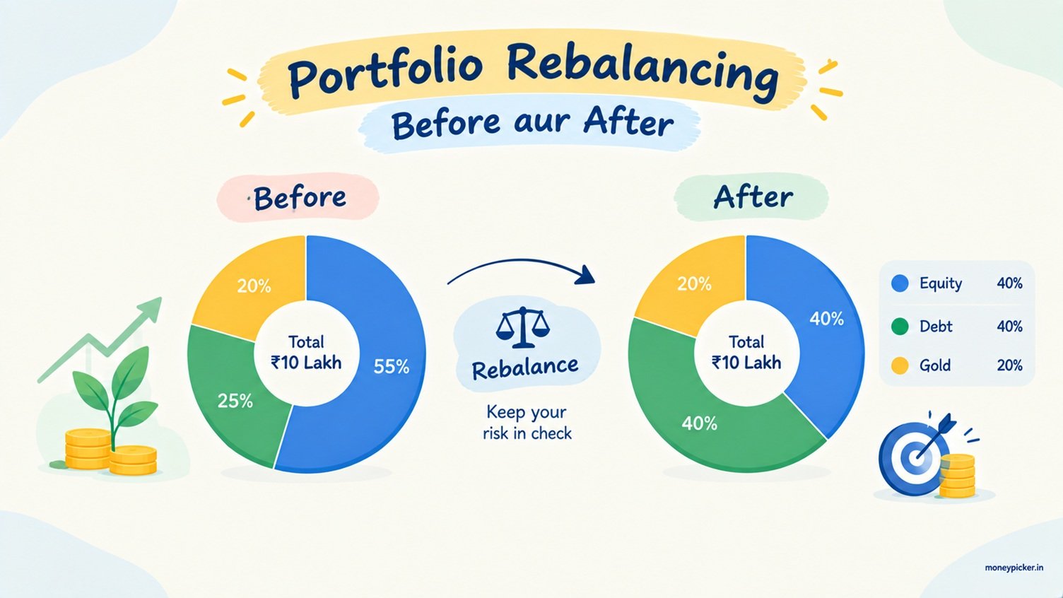 Portfolio rebalancing: before aur after donut chart